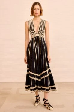 ULLA JOHNSON Palermo Deep V Midi Dress - Noir