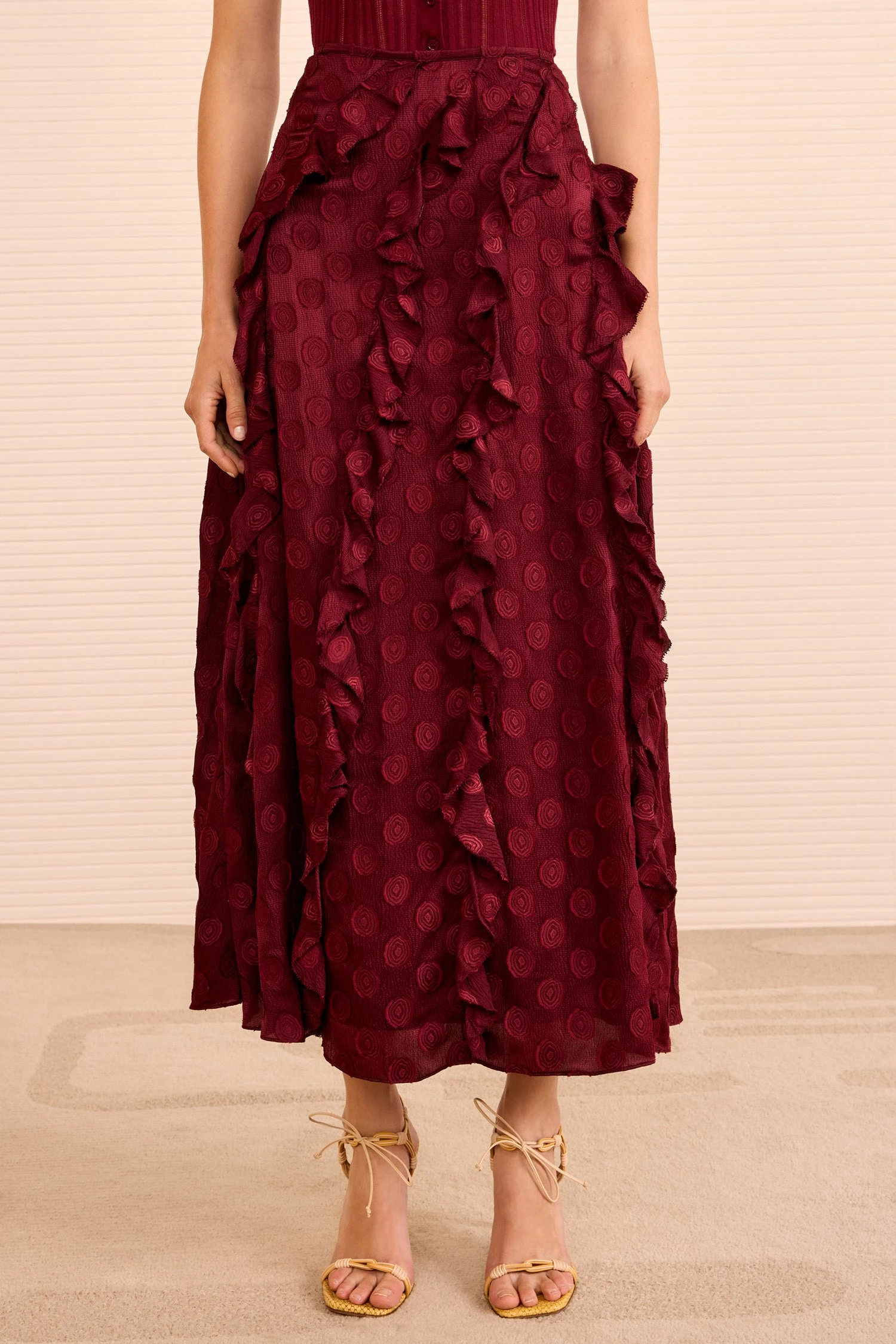 ULLA JOHNSON Poppy Cascading Ruffle Midi Skirt - Claret 2 ULLA JOHNSON Poppy Cascading Ruffle Midi Skirt - Claret - Image 2