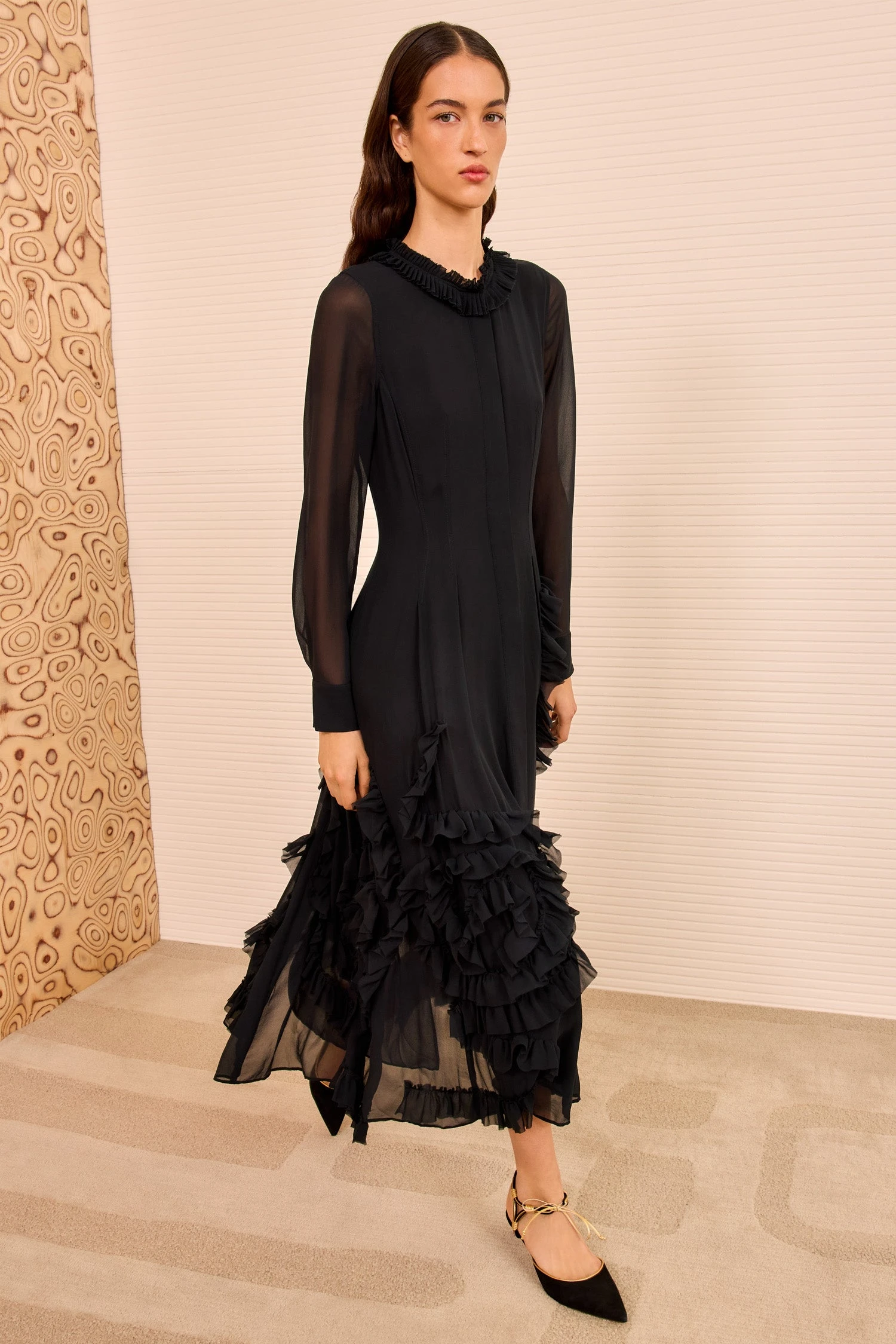 ULLA JOHNSON Rhea Shirt Dress With Ruffle Skirt - Noir 1 ULLA JOHNSON Rhea Shirt Dress With Ruffle Skirt - Noir