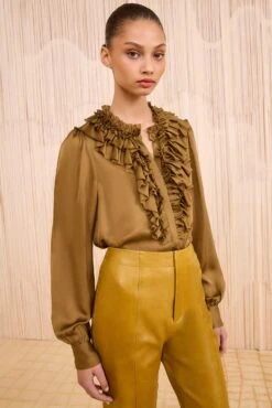 ULLA JOHNSON Rouen Silk Ruffle Front Long Sleeve Blouse - Willow