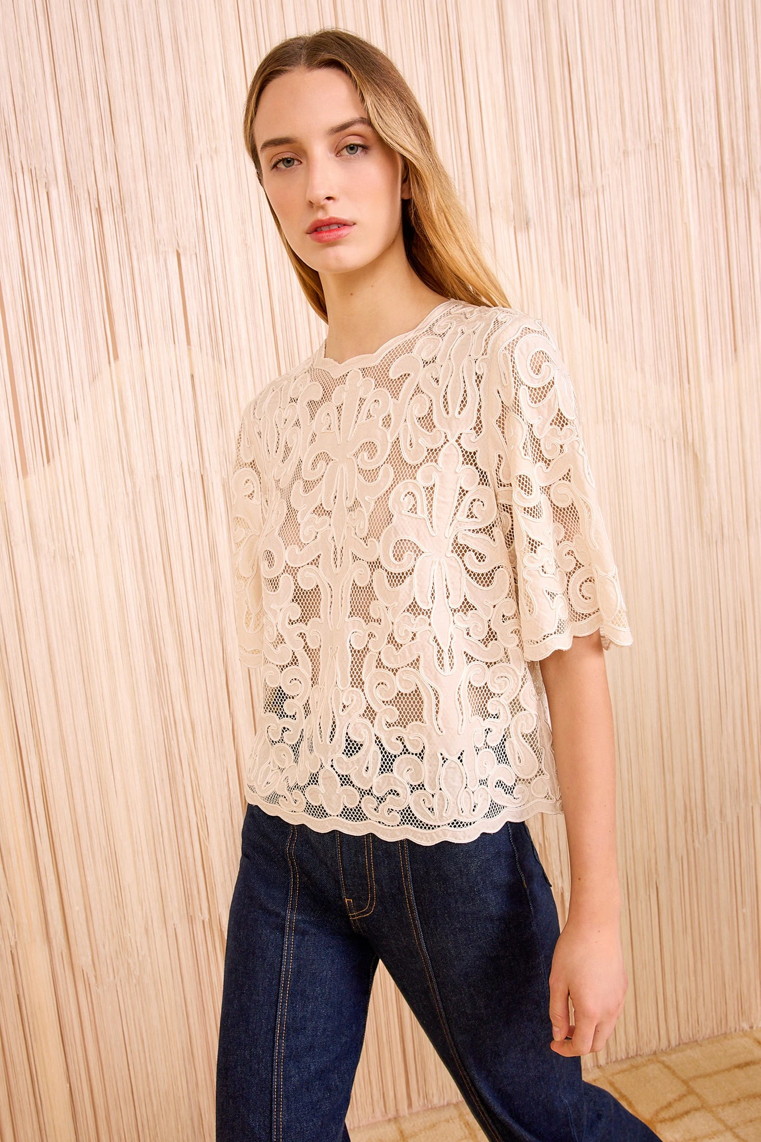 ULLA JOHNSON Tasia Applique Short Sleeve Top - Chalk 1 ULLA JOHNSON Tasia Applique Short Sleeve Top - Chalk