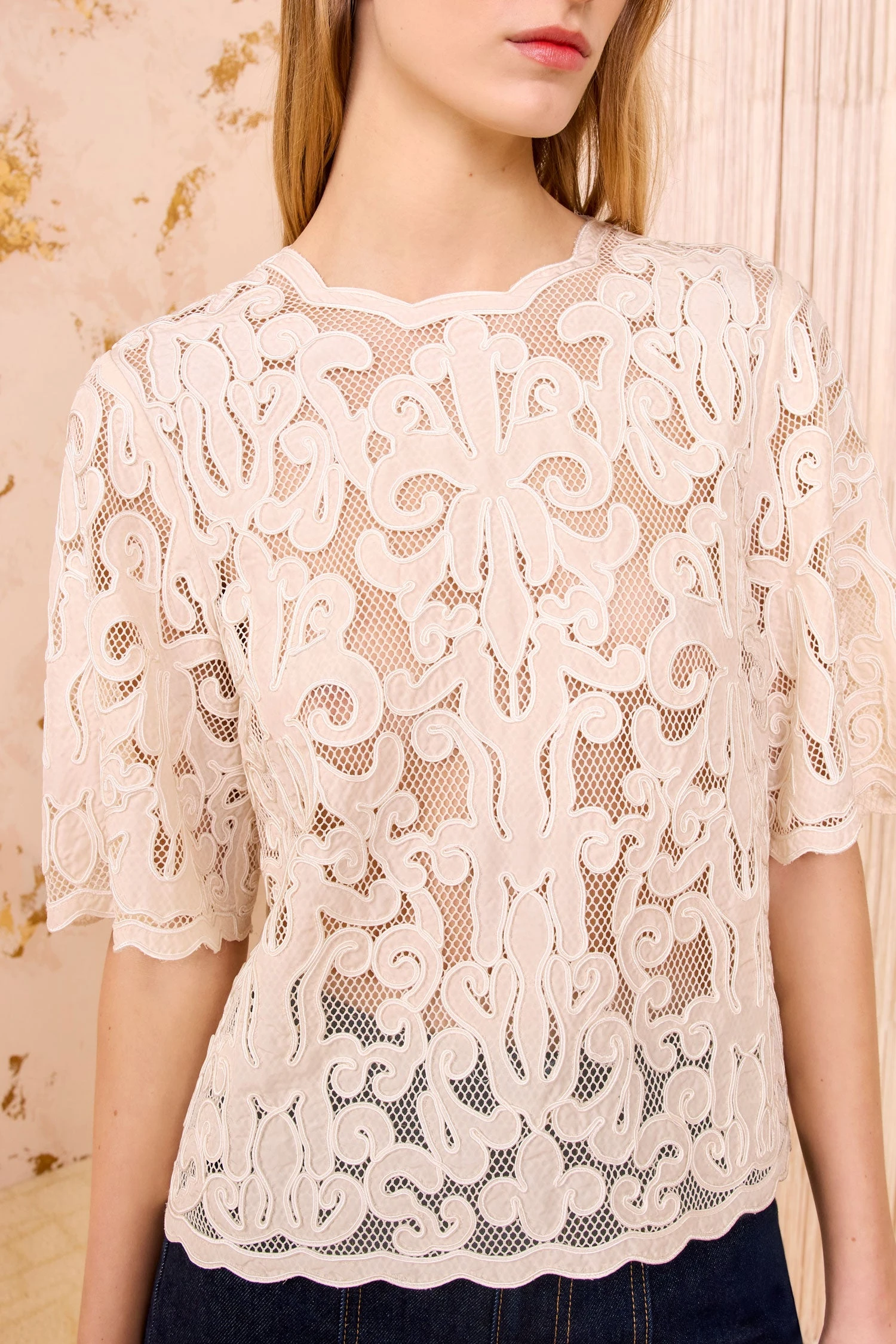 ULLA JOHNSON Tasia Applique Short Sleeve Top - Chalk 2 ULLA JOHNSON Tasia Applique Short Sleeve Top - Chalk - Image 2