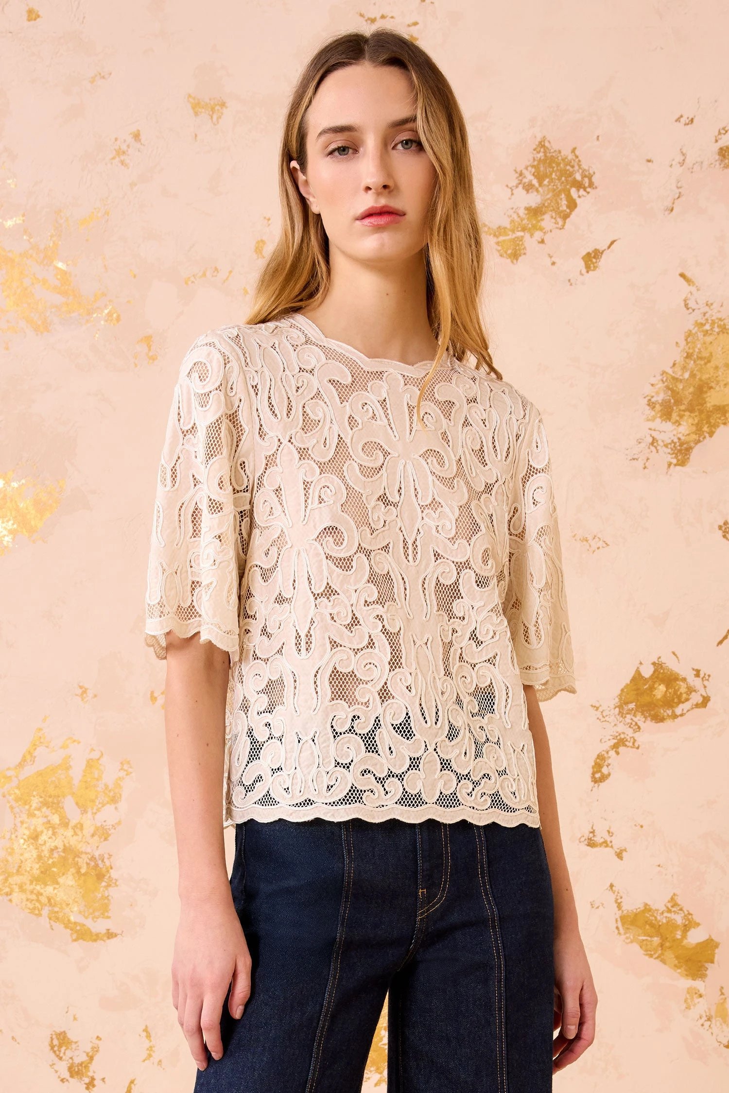 ULLA JOHNSON Tasia Applique Short Sleeve Top - Chalk 3 ULLA JOHNSON Tasia Applique Short Sleeve Top - Chalk - Image 3