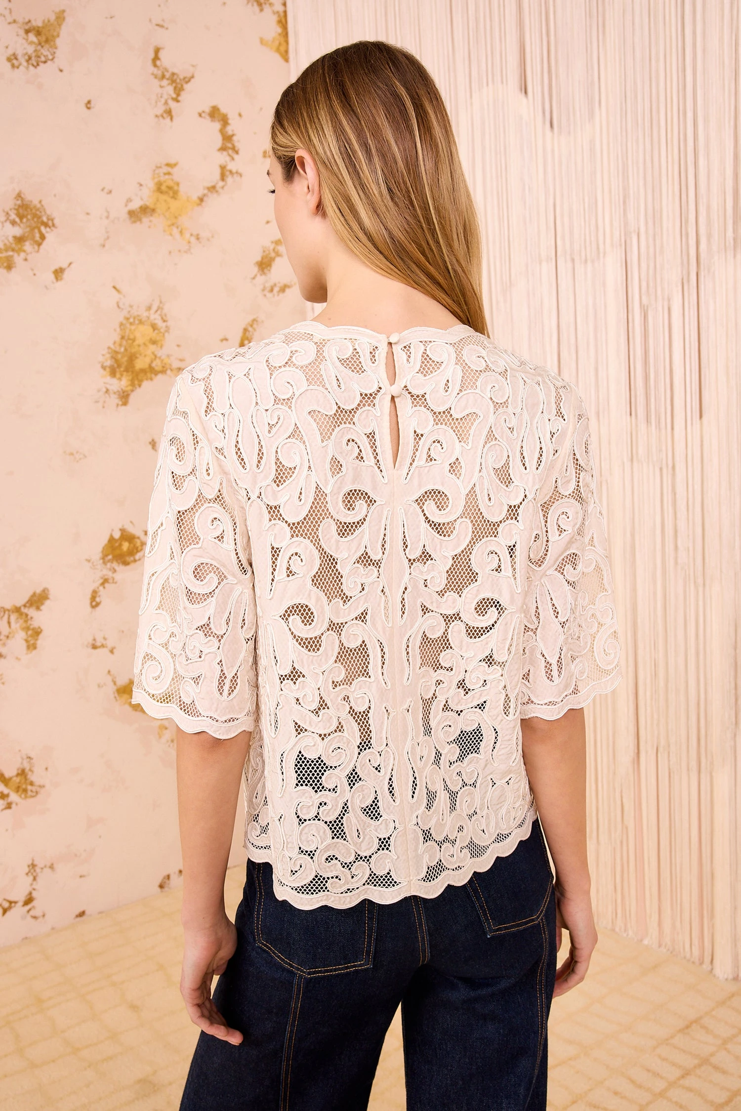 ULLA JOHNSON Tasia Applique Short Sleeve Top - Chalk 4 ULLA JOHNSON Tasia Applique Short Sleeve Top - Chalk - Image 4