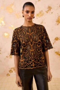 ULLA JOHNSON Tasia Applique Short Sleeve Top - Saffron