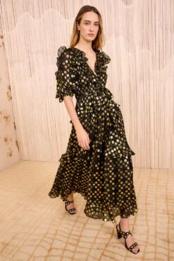 ULLA JOHNSON Tida Silk V&ndash;Neck Short Sleeve Midi Dress - Obsidian