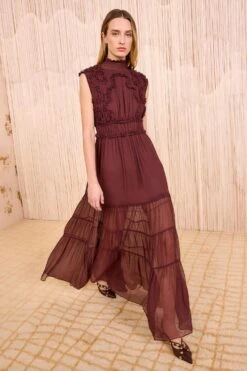 ULLA JOHNSON Verona Silk Smocked Gown - Mahogany