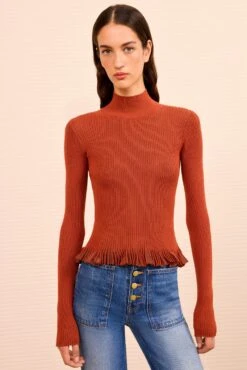 ULLA JOHNSON Yulia Ruffle Turtleneck Top - Copper