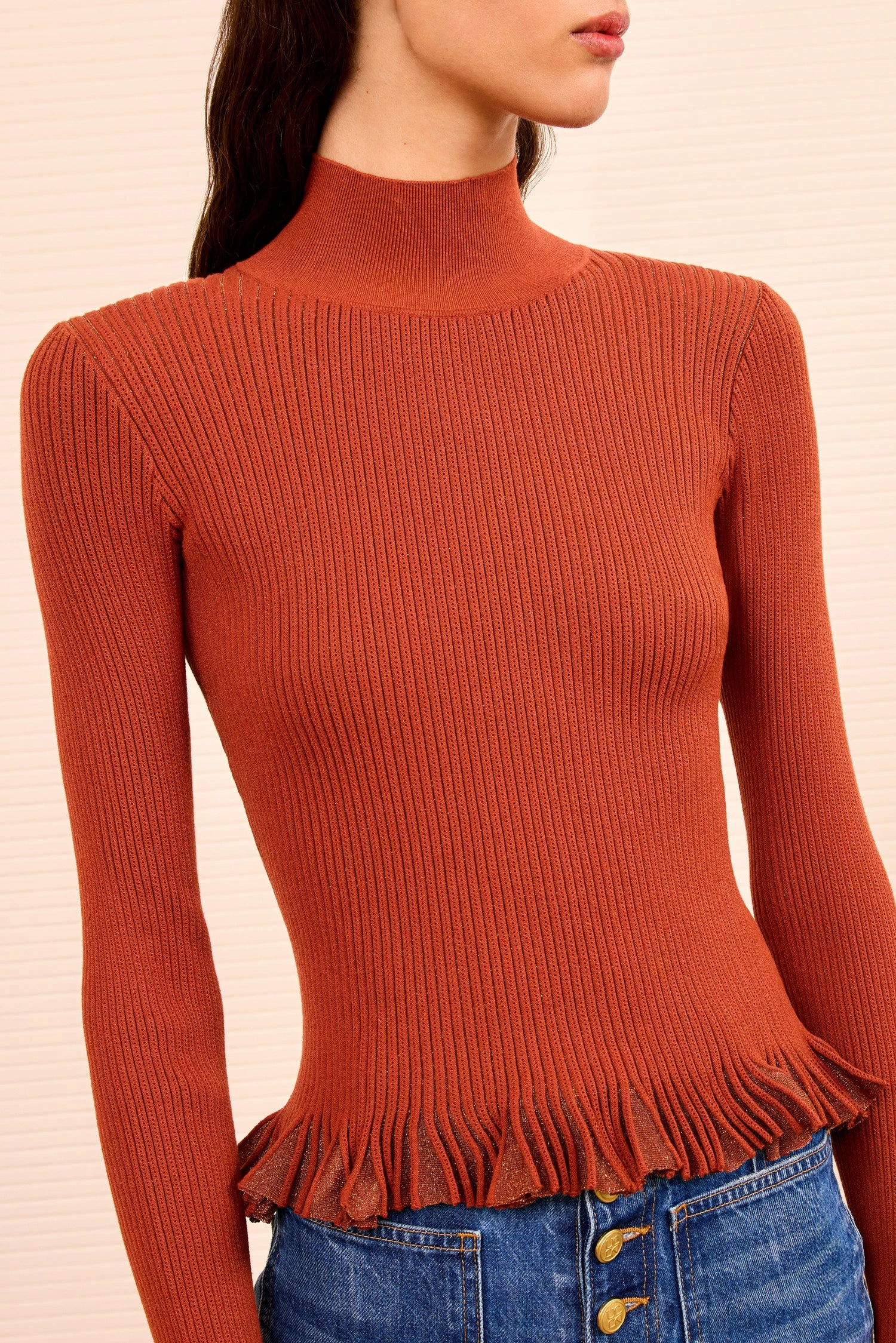 ULLA JOHNSON Yulia Ruffle Turtleneck Top - Copper 2 ULLA JOHNSON Yulia Ruffle Turtleneck Top - Copper - Image 2
