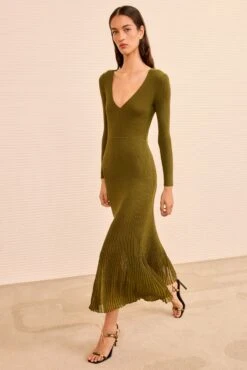 ULLA JOHNSON Zeda V Neck Midi Dress - Olive