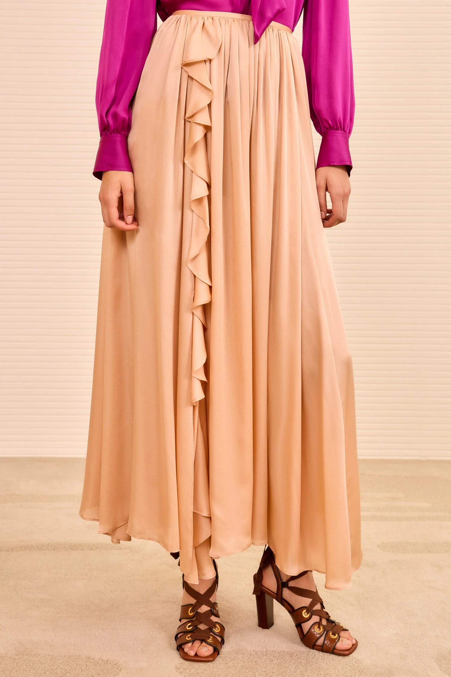 ULLA JOHNSON Zena Side Ruffle Midi Skirt - Sand 2 ULLA JOHNSON Zena Side Ruffle Midi Skirt - Sand - Image 2