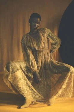 ULLA JOHNSON Helena Ruffle Neckline Long Sleeve Dress - Burnish -ULLA JOHNSON Outlet Ulla Johnson PF25 Annemariek van Drimmelen 3